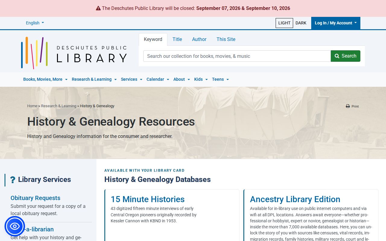 Bend city directory resources on the Deschutes Public Library history page