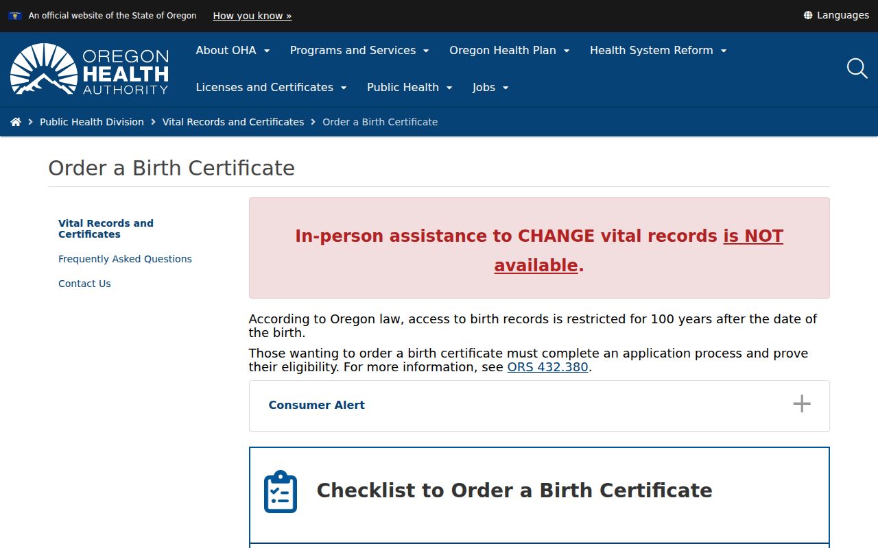 Bend resident lookup Oregon vital records certificate application instructions
